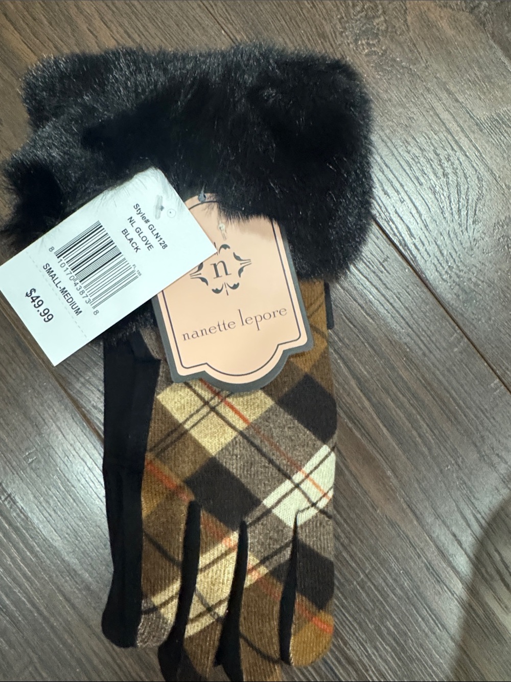 Nanette Lepore Black Faux-Fur Cuff Plaid Knit Gloves